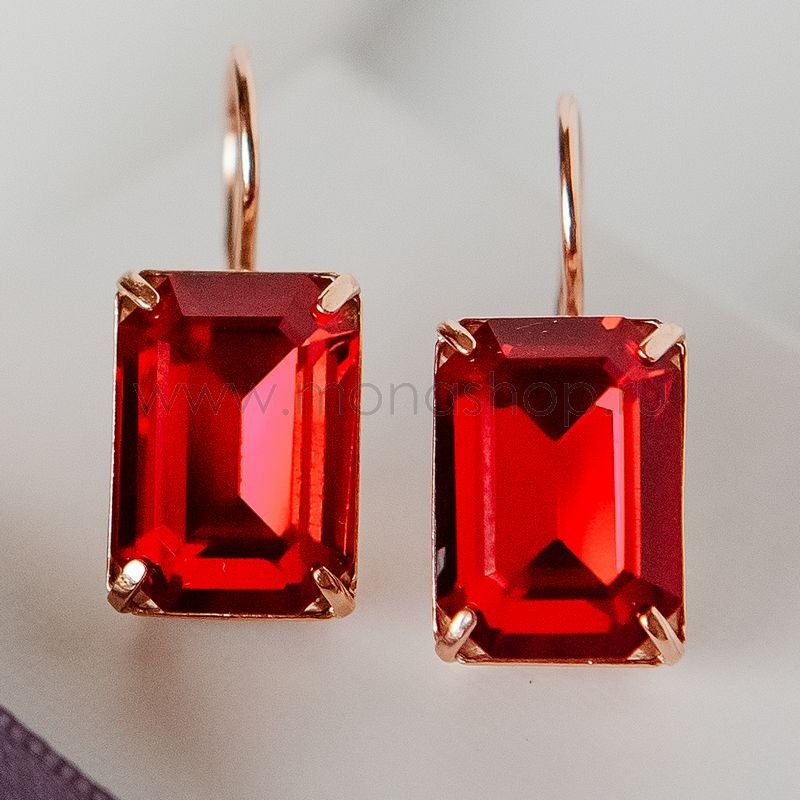 Серьги «Рубиновый цвет» с прямоугольными камнями Swarovski