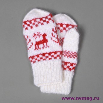 Варежки с оленями, красный узор