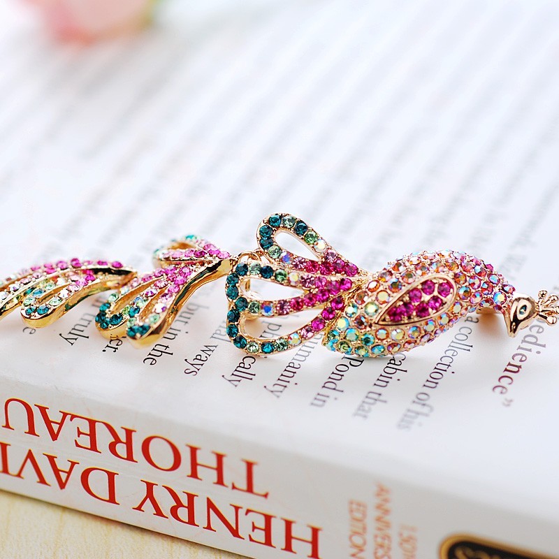 Брошь «Павлин» с хвостом-подвеской из кристаллов Swarovski
