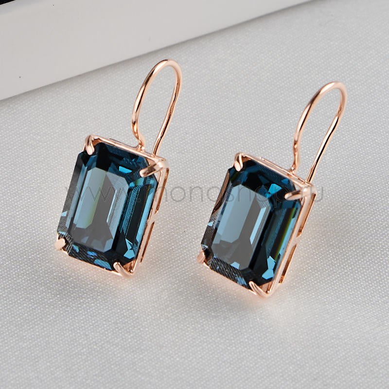 Серьги Сапфировый цвет с прямоугольными камнями Swarovski