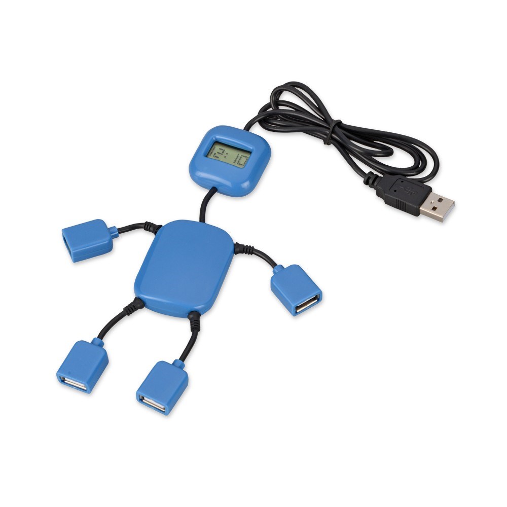 Синий usb-разветвитель в виде человечка на 4 порта с часами