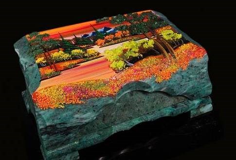 Ларец из змеевика, панно из камня Осенний закат