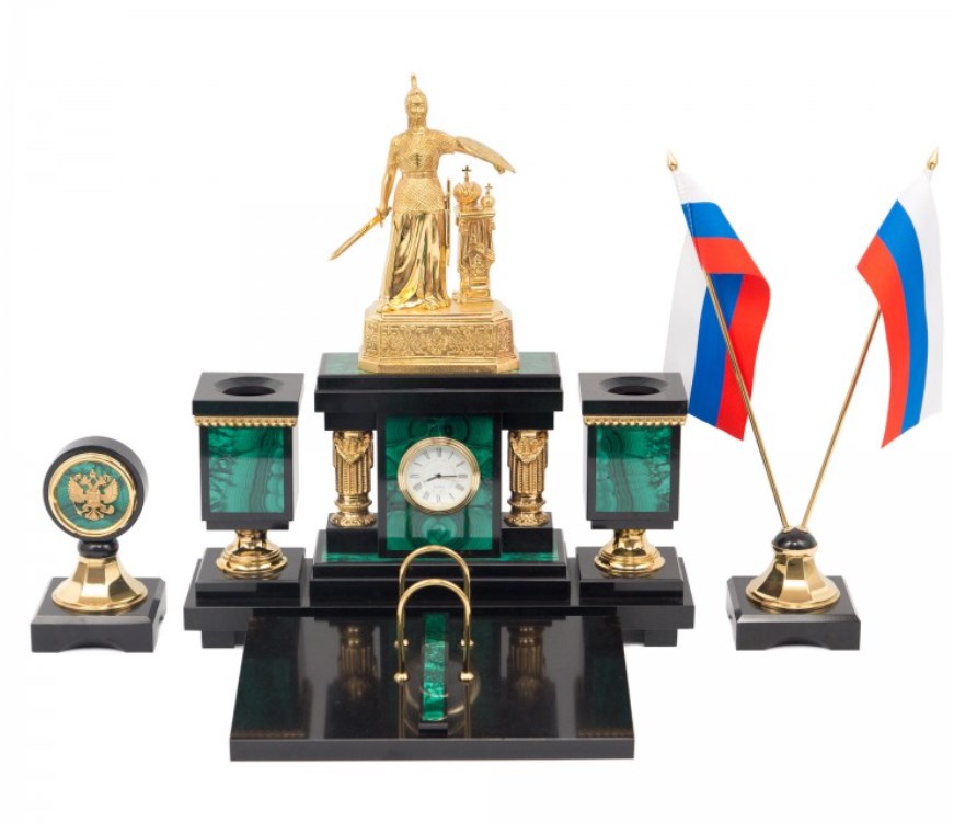 Настольный набор из малахита с часами Великая Держава