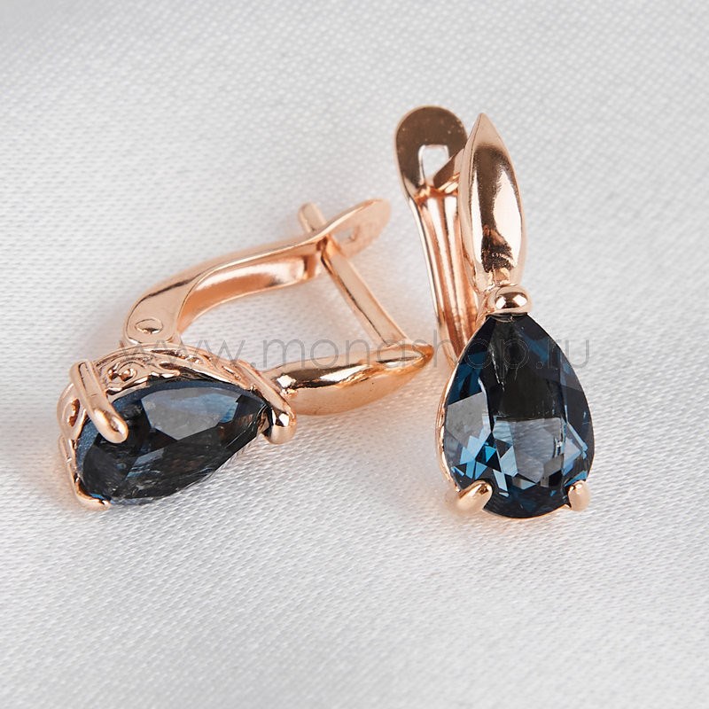 Серьги Сапфировые капли с кристаллами Swarovski в позолоте