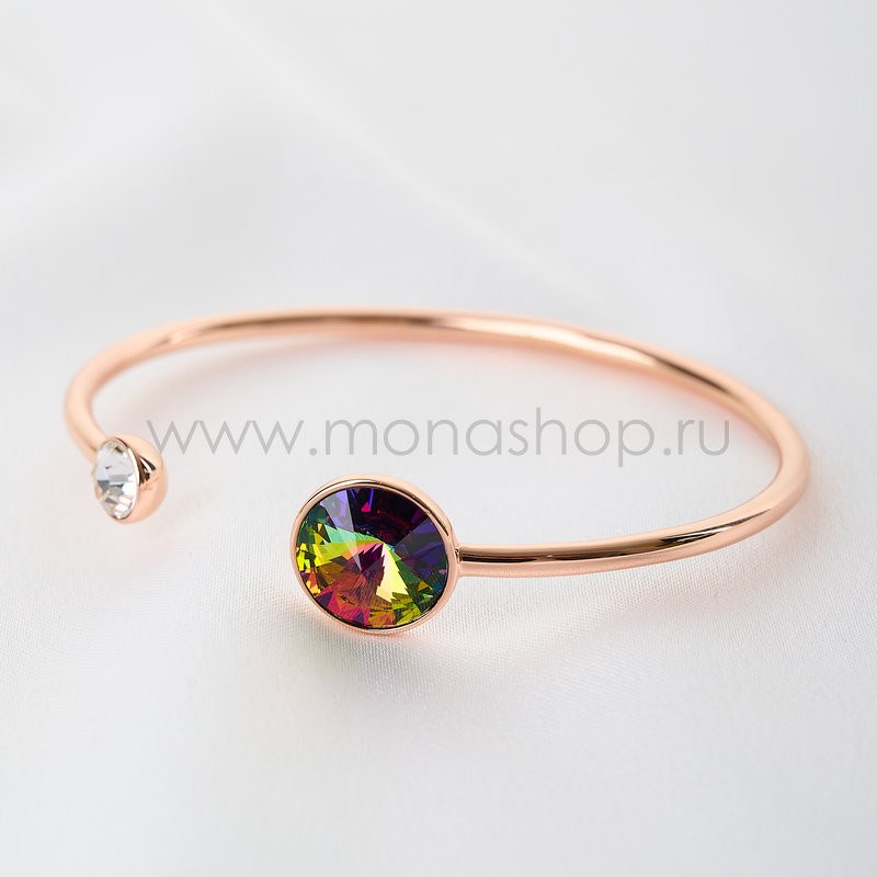 Открытый браслет Чародейка с зеленым камнем-хамелеоном Swarovski