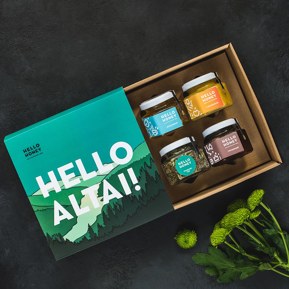 Подарочный набор мёда и чая Hello, Altai, 4 банки