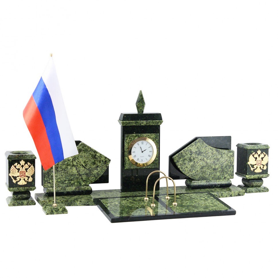 Настольный набор с гербом флагом России из змеевика