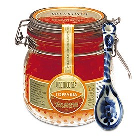 Банка Красной икры и ложечка Гжель