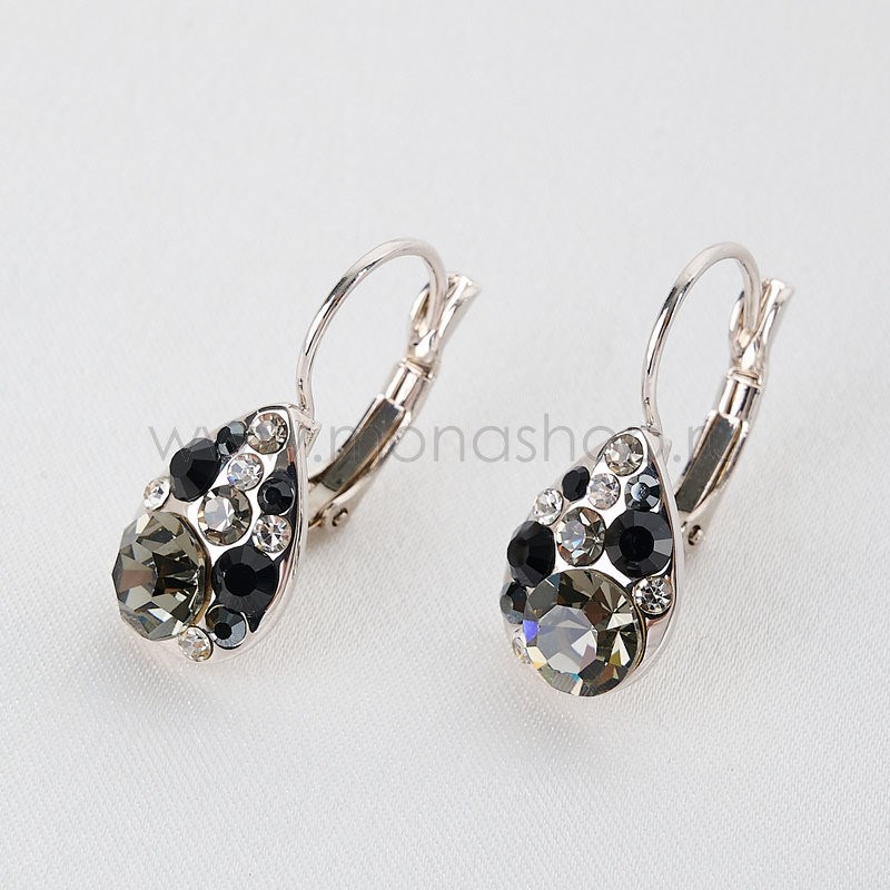Серьги Блестящие капли с черными кристаллами Swarovski