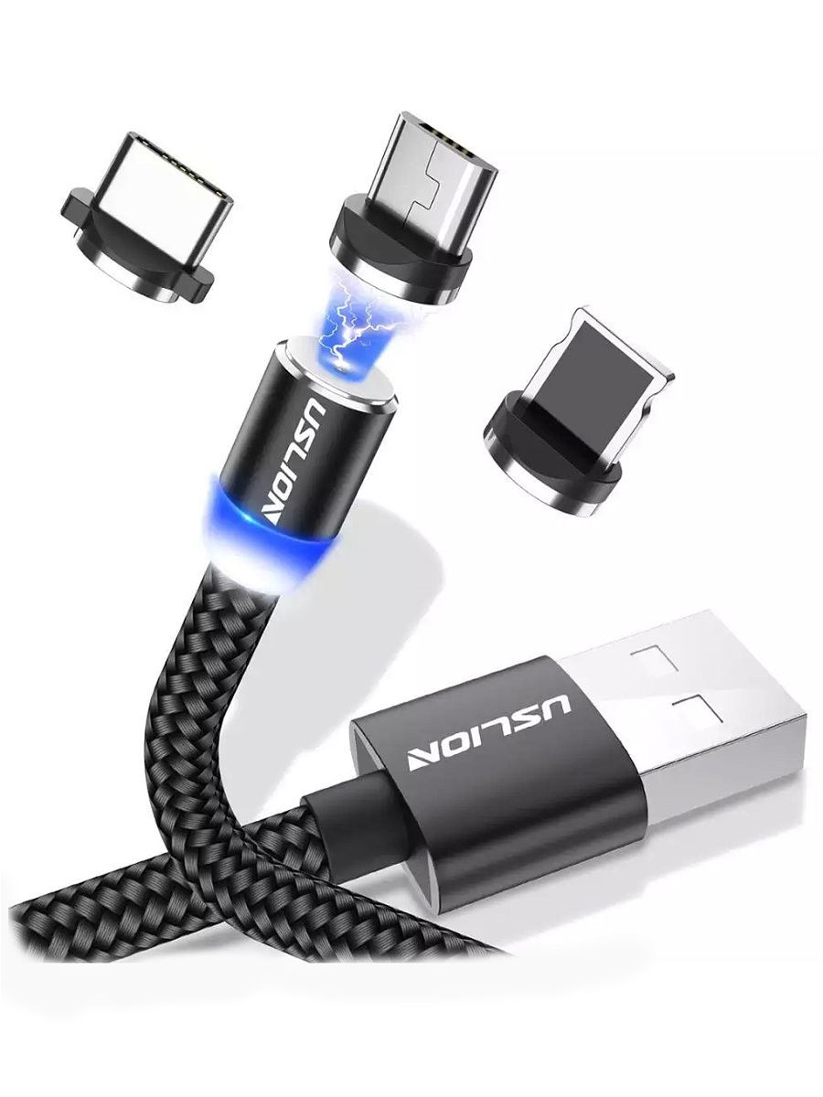 Магнитный USB-кабель 360 гр. для быстрой зарядки 3.0 с 3-мя разъемами Uslion, 1 м, черный