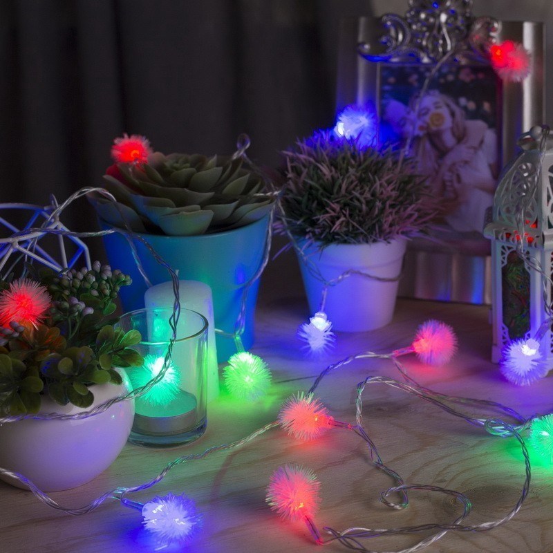 Гирлянда - Нить, с насадками - Ёжики, 5 м, LED-20-220V, мигает, нить прозрачная, свечение мульти (RG/RB)