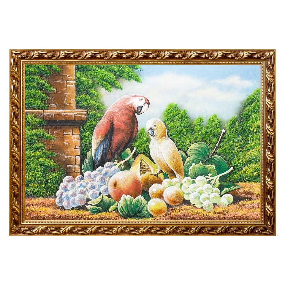 Картина Фрукты с попугаями багет 46х66 см, каменная крошка