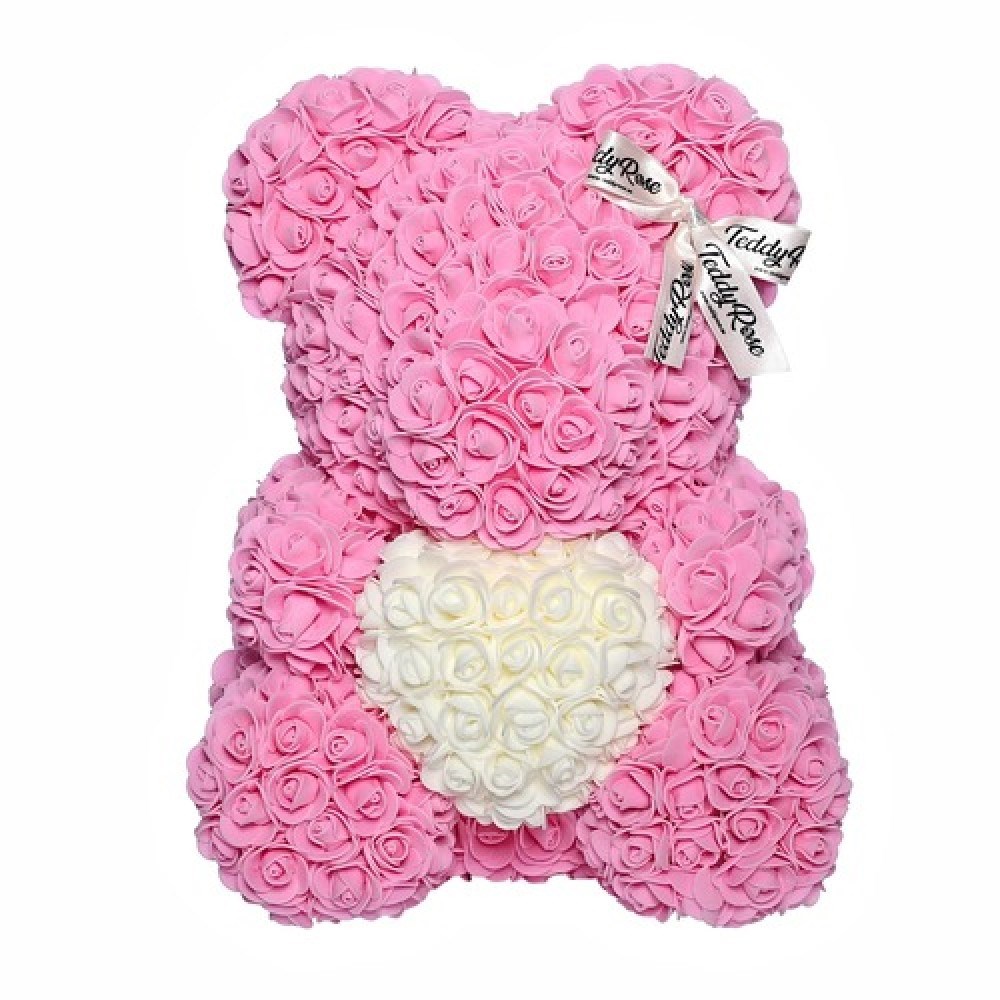 Мишка из роз с сердцем, розовый, 40 см.