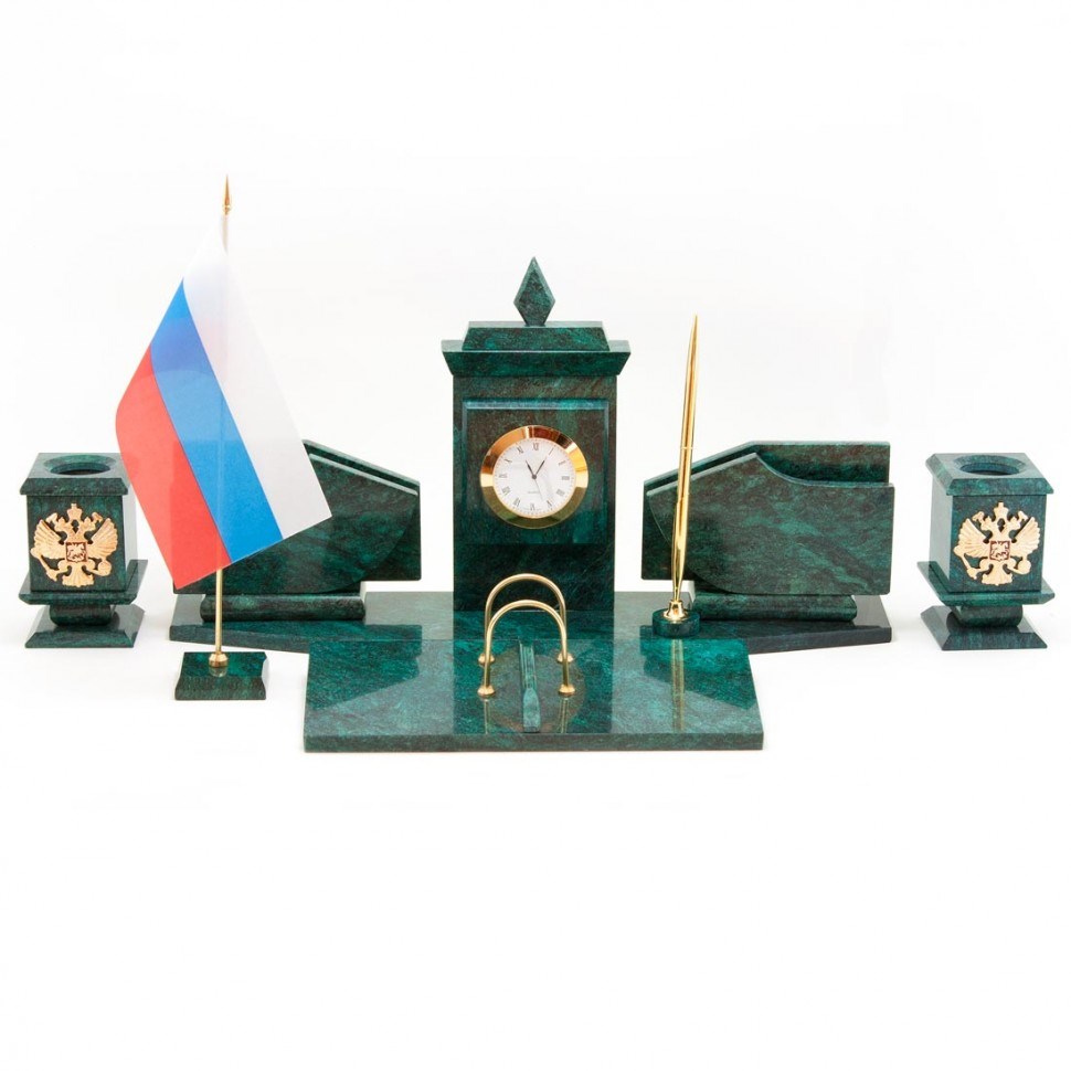 Настольный набор с гербом и флагом России (змеевик)