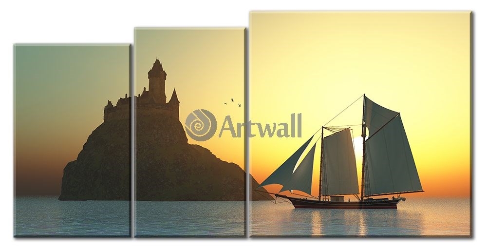 Модульная картина «Корабль и замок» 70×36 см