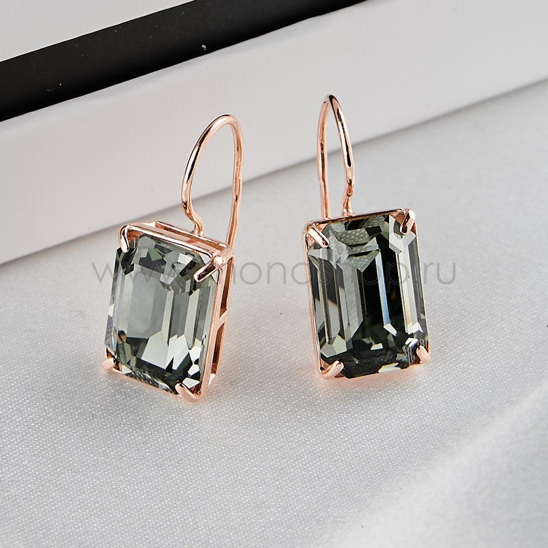 Серьги Черный бриллиант с прямоугольными камнями Swarovski