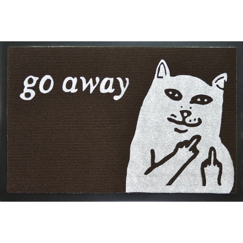 Здесь отсюда. Коврик RIPNDIP go away. Ковер с котом go away. Коврик Welcome go away. Прикольные входные коврики.