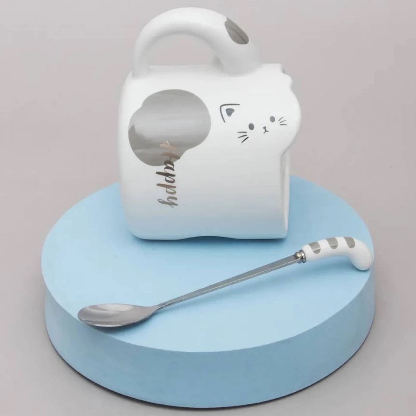 Кружка с ложкой Котик (разные цвета)
