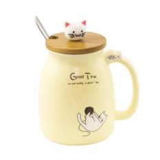 Кружка с крышкой и ложкой Котик с клубком (разные цвета)