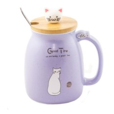 Кружка с крышкой и ложкой Котик с клубком (фиолетовый)