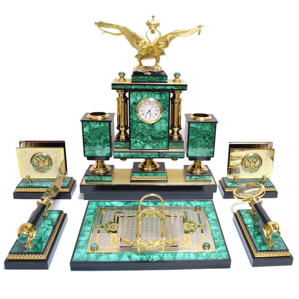 Настольный набор из малахита Двуглавый орел 570*280*410 мм