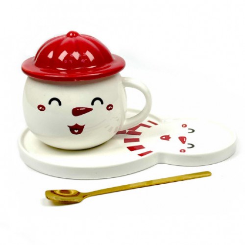 Кружка с блюдцем «Снеговик красный»