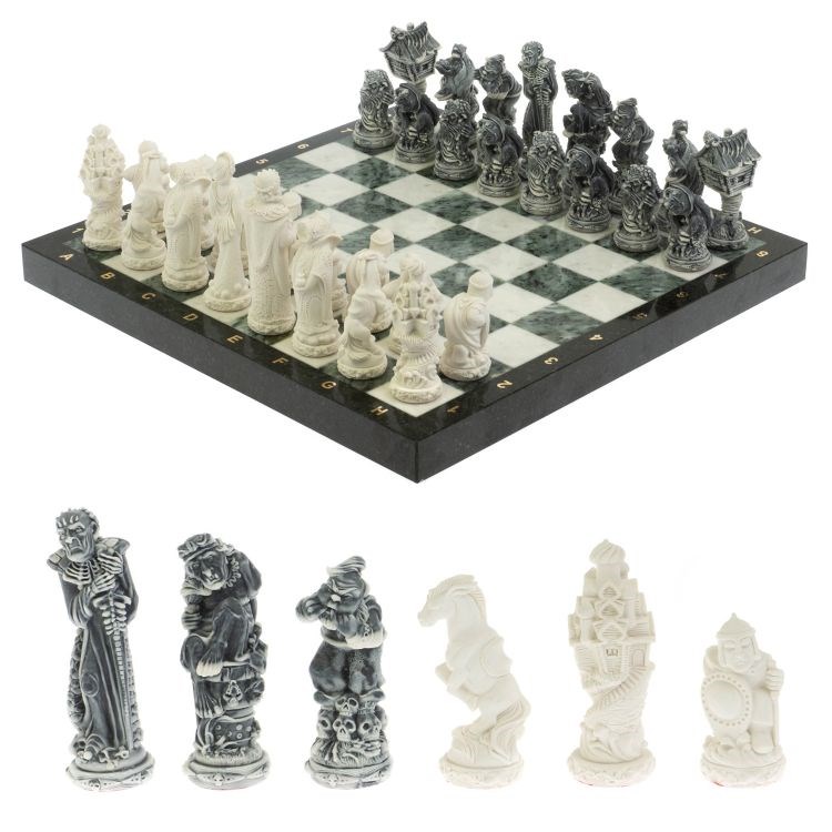 Шахматы Русские сказки доска 40х40 см мрамор / шабровский змеевик