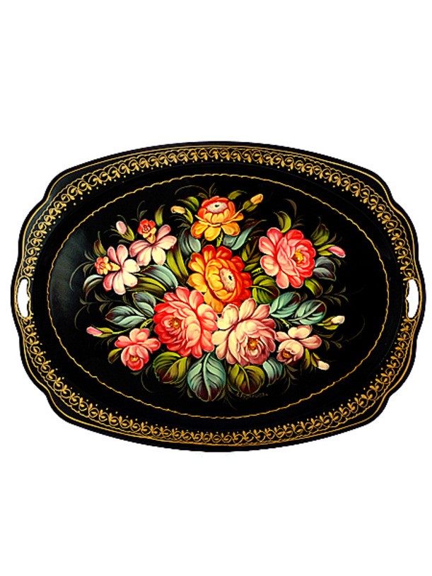 Поднос с художественной росписью Цветы на черном фоне