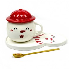 Кружка с блюдцем «Снеговик красный»