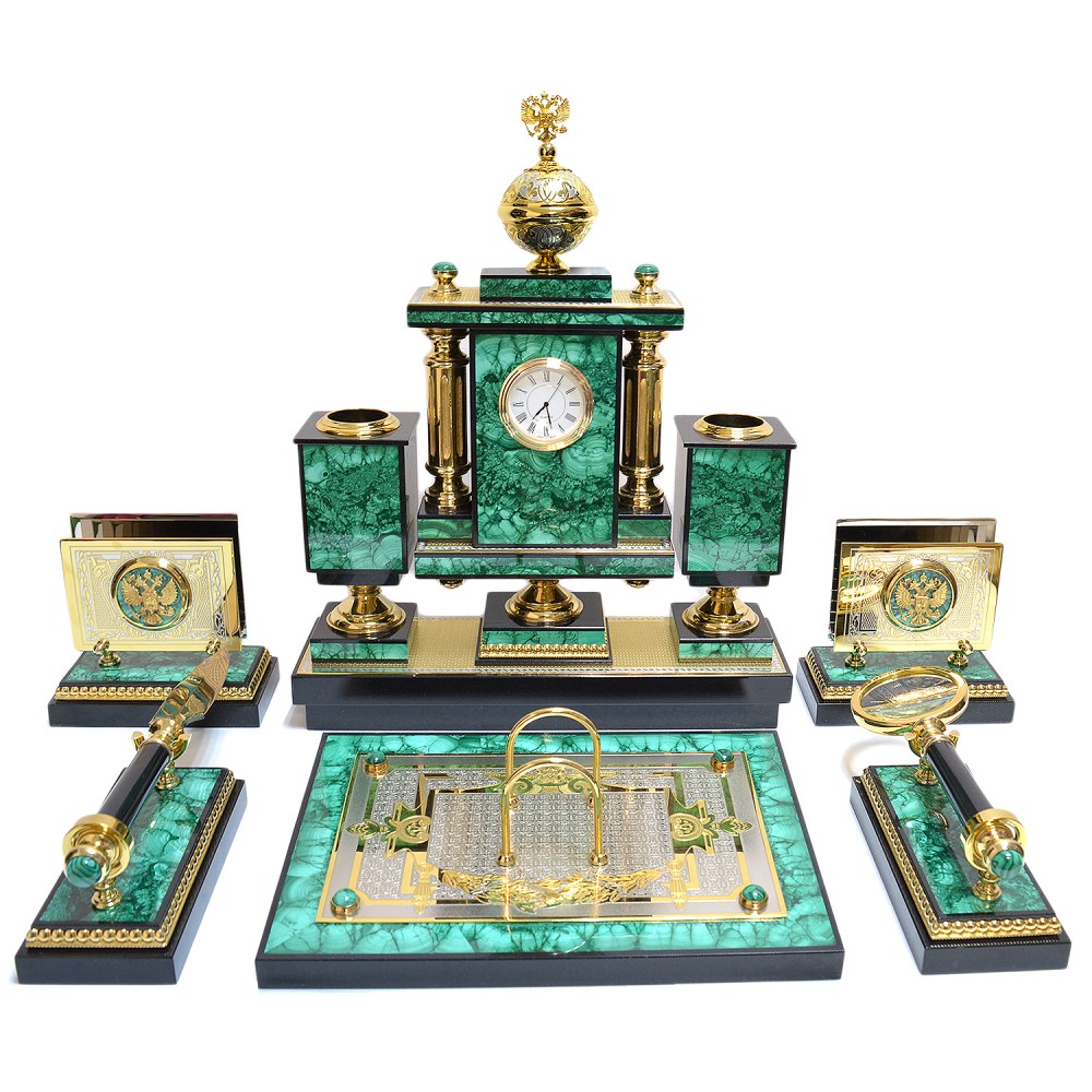 Настольный набор из малахита Держава 570*280*420 мм.