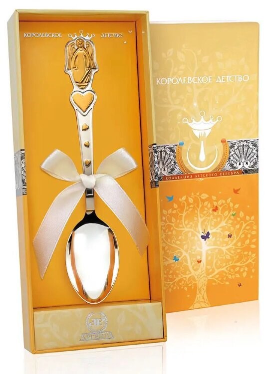 Серебряная чайная ложка Ангел с позолотой, гравировка, 925 проба