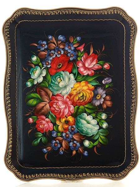 Поднос с художественной росписью Цветы на черном фоне